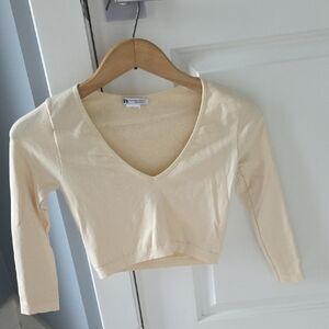 Zara Cream V-Neck Cropped Three Quarter Sleeve Terry Cloth Top